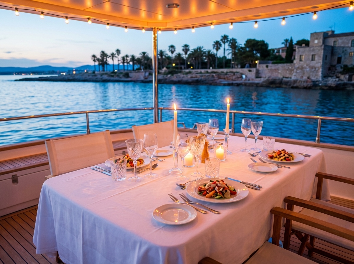 Cena en barco al atardecer en la bahía de Roses para grupos de despedida