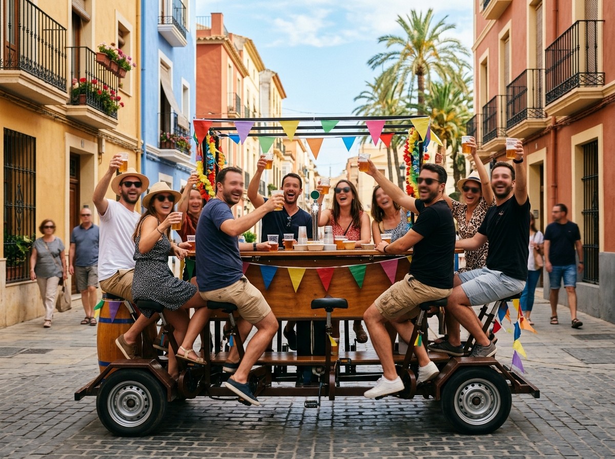 Grupo celebrando despedida en bicibirra con cervezas por el paseo marítimo de la Costa Daurada