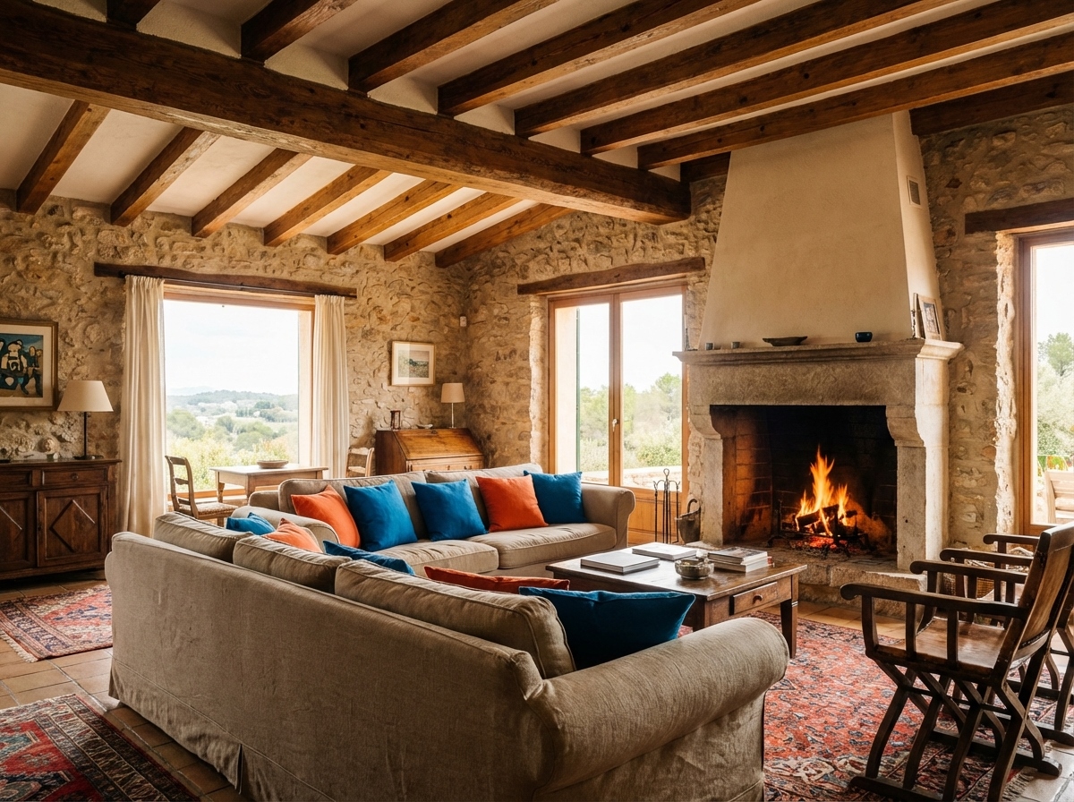 Interior de casa rural cerca de Salou con salón para todo el grupo