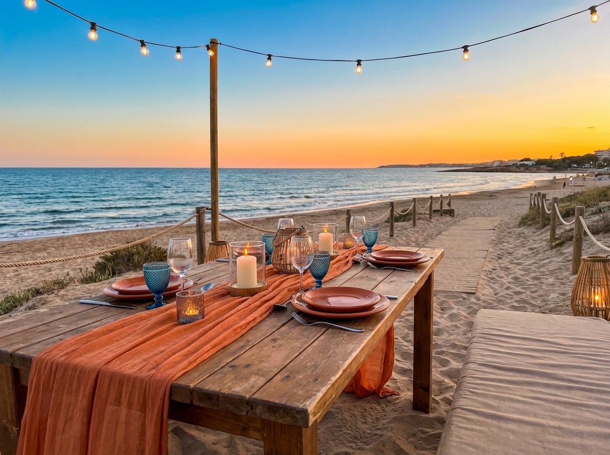 Mesas del chiringuito en la playa reservadas para un grupo de despedida en Salou