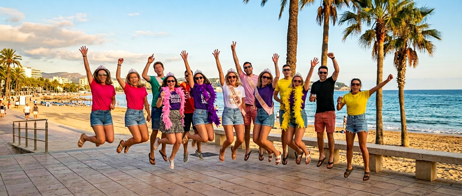 Grupo de amigos celebrando una despedida en la costa catalana con el mar de fondo
