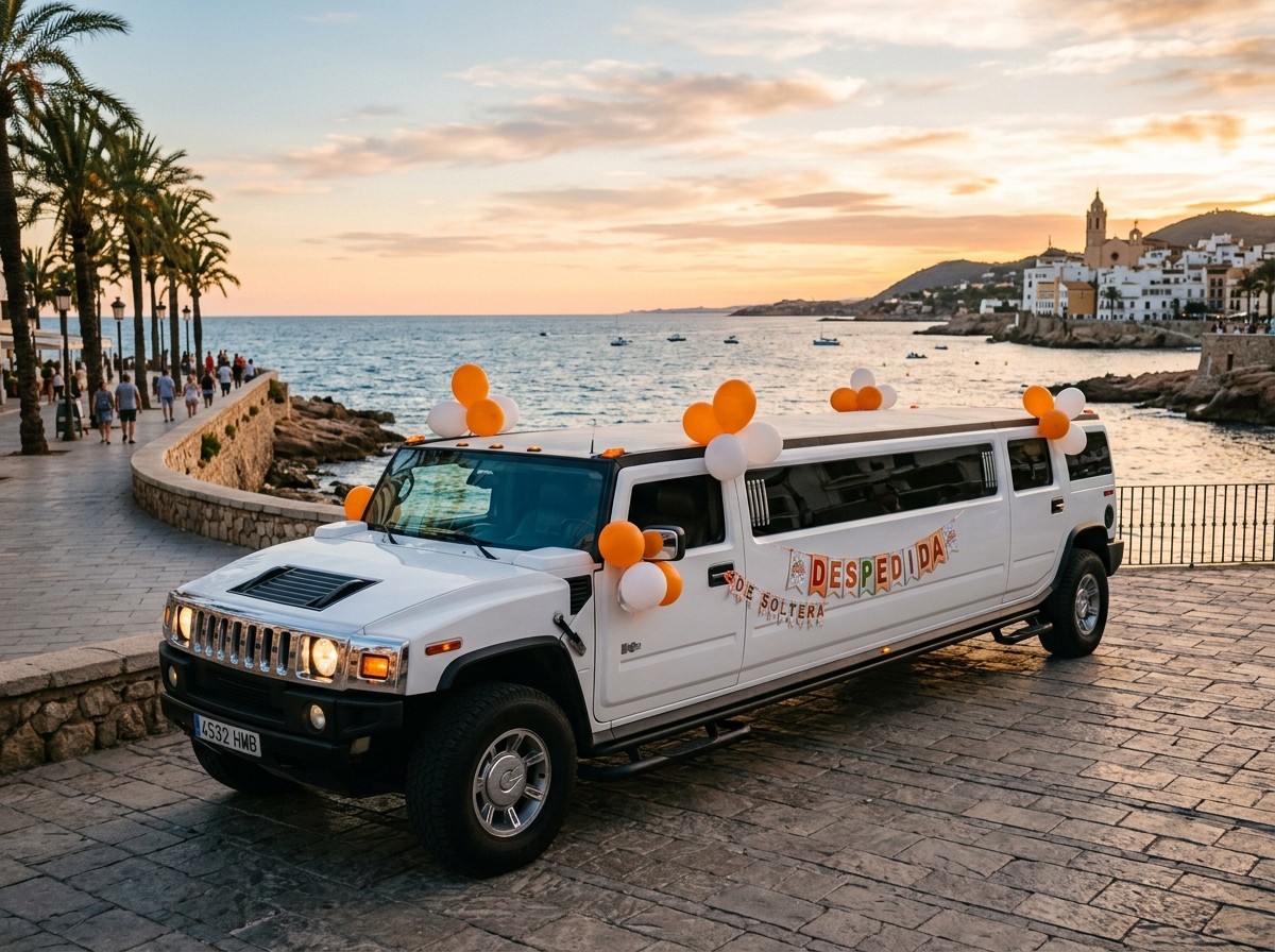 Limusina Hummer XL blanca aparcada en el paseo marítimo de Salou para una despedida de soltero