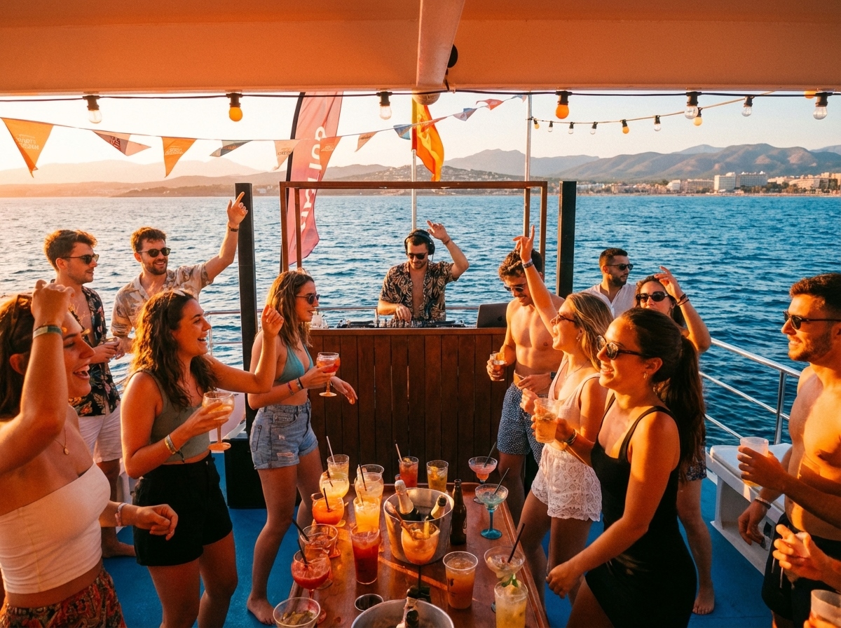 Grupo en barco disfrutando de la actividad del Pack Fiesta Completa