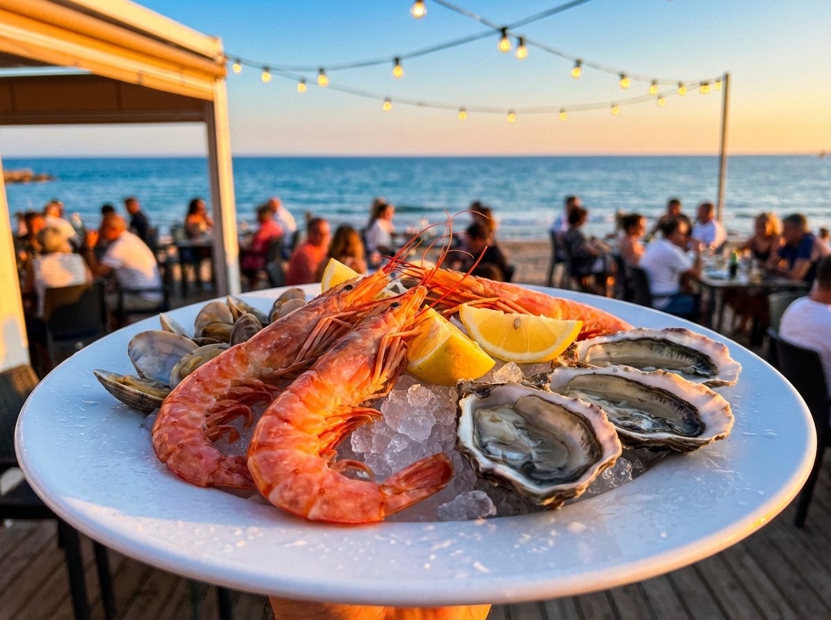 Plato de marisco fresco servido en un restaurante del puerto pesquero de la Costa Daurada